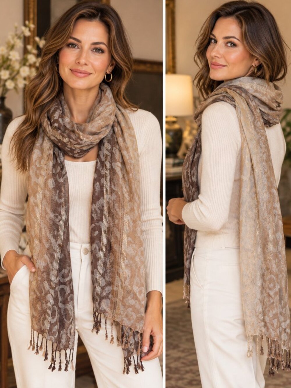 Adrienne Vittadini Neutral Cheetah Animal Leopard Print Scarf Fringe Lightweight